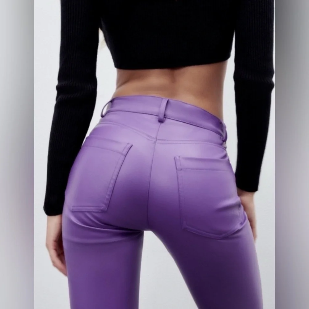 Blogger Fav! ZARA S Faux Leather Dark Mauve/Purple Pants Straight Leg Lined - Picture 4 of 16